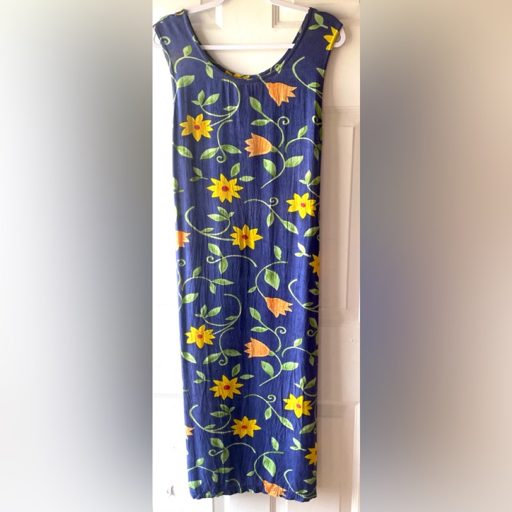 Carolina Bay Blue Yellow Orange Green Flora Sleeveless Rayon Sheath Sun Dress XL